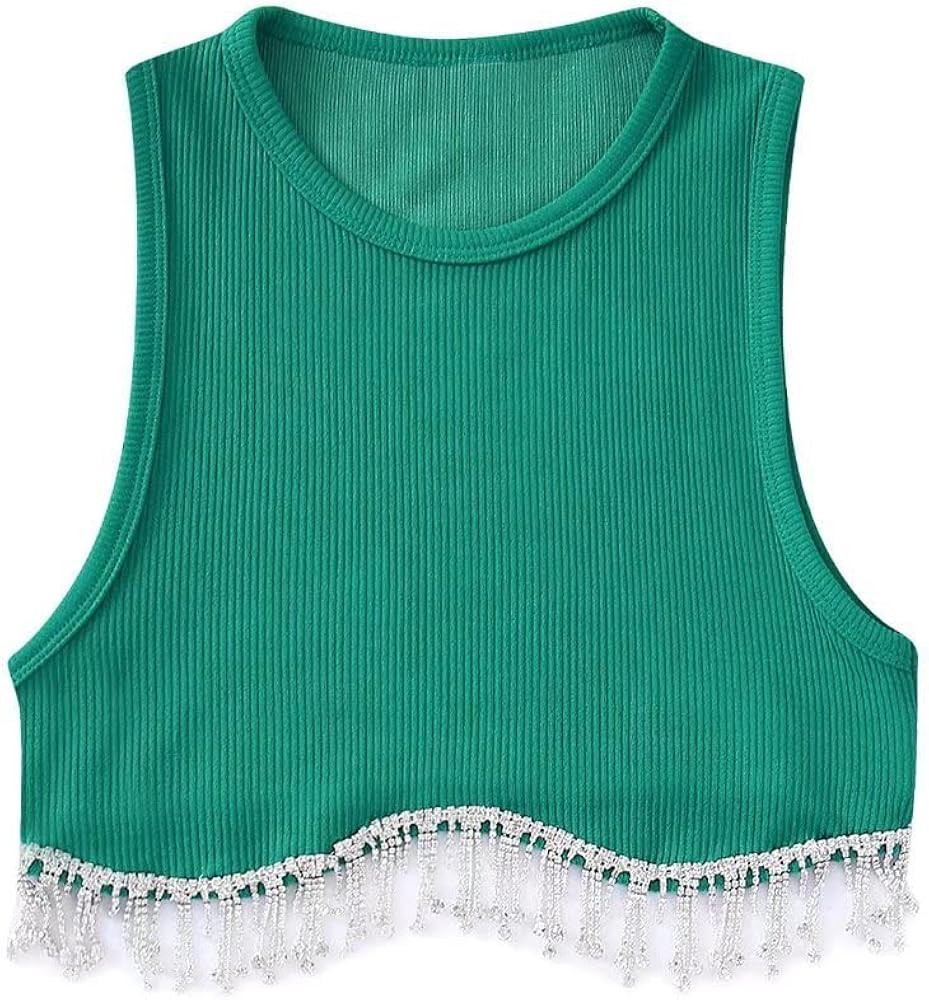 Meladyan Women Sexy Rhinestone Beading Tassel Trim Crop Tank Top Sleeveless Ribbed Knit Cropped Vest | Amazon (US)