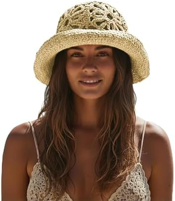 Womens Crochet Straw Bucket Hat Packable Wide Brim Handmade Beach Sun Hat for Summer Travel Vacat... | Amazon (US)