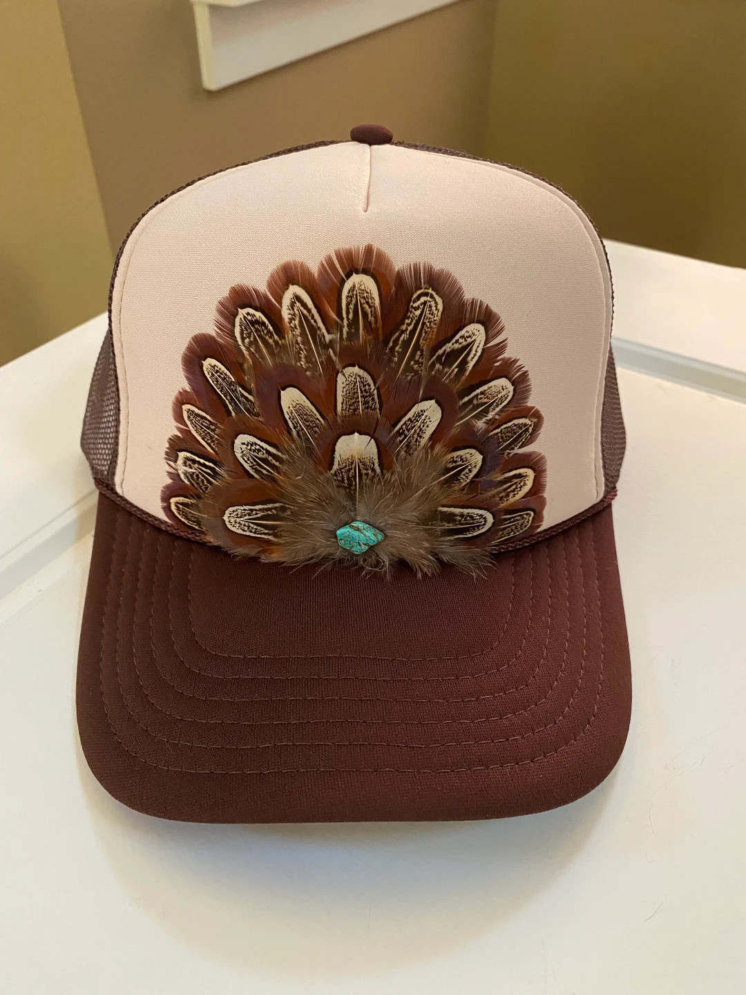 Feather Trucker Hat Tan and Brown - Etsy | Etsy (US)