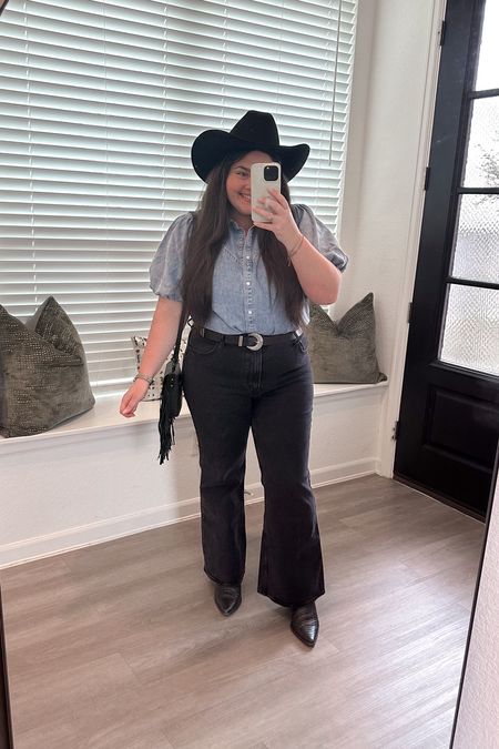 Rodeo outfit. Western outfit. Country concert outfit. Western belt. Flare jeans. Flare denim. Western boots. Country concert outfit. Fringe purse. Denim shirt 

Hat is from Stetson 🤠

#LTKfindsunder50 #LTKfindsunder100 #LTKSeasonal