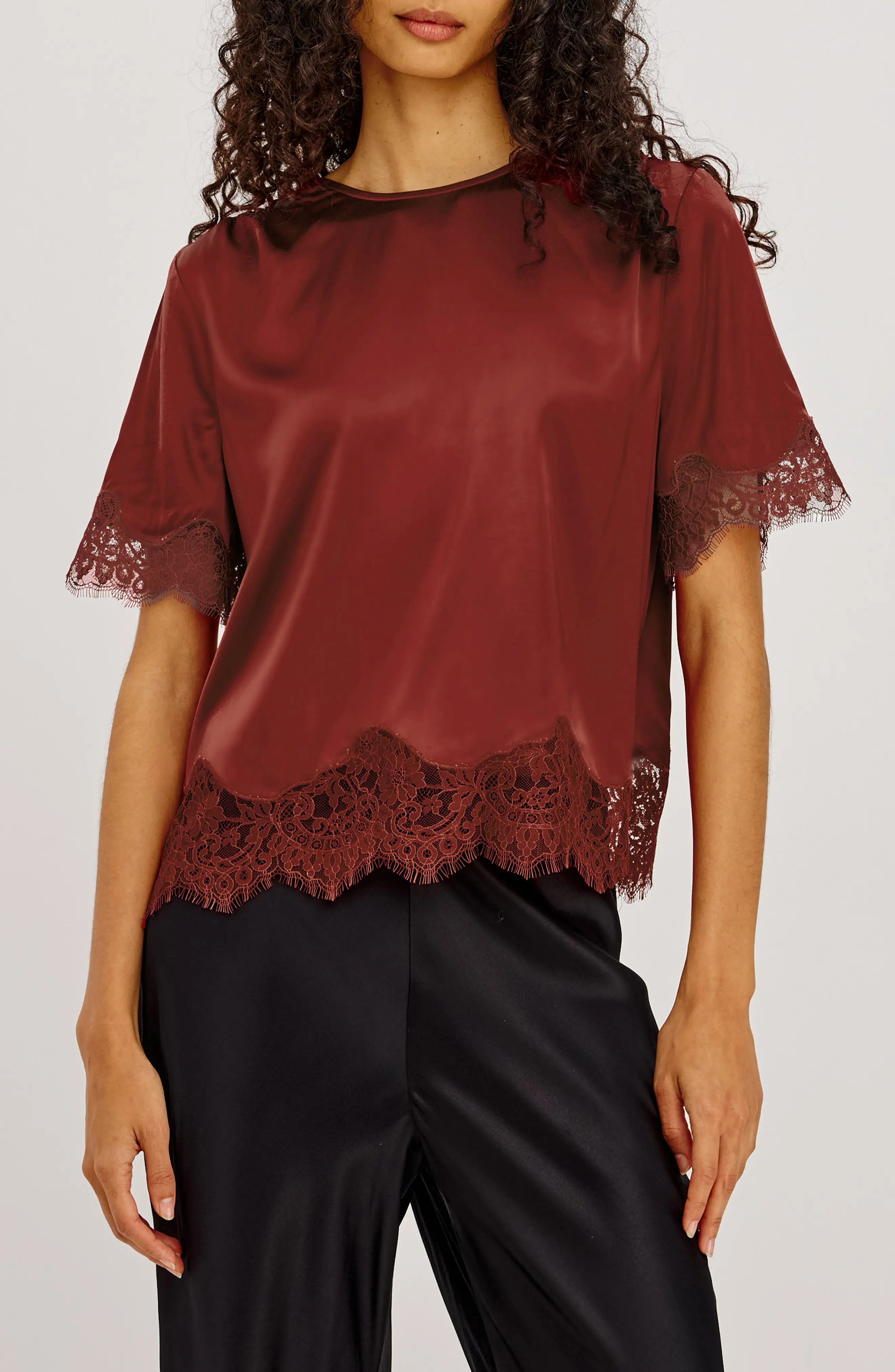 Rails Sonora Lace Trim Satin Top in Crimson at Nordstrom, Size Medium | Nordstrom