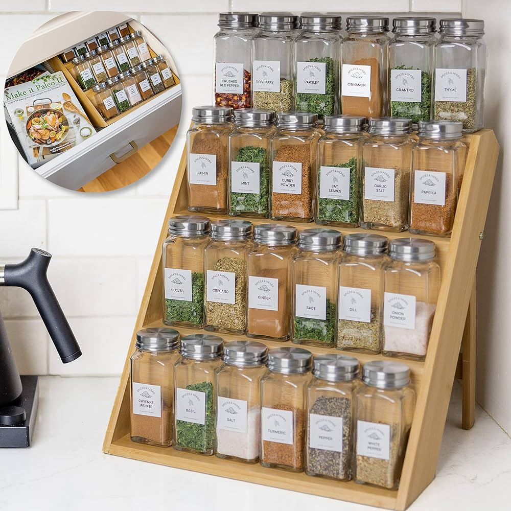 Organic Bamboo Spice Rack Organizer- 3 Tier shelf for Countertop, Drawer, and Cabinet - Wooden Sp... | Amazon (US)