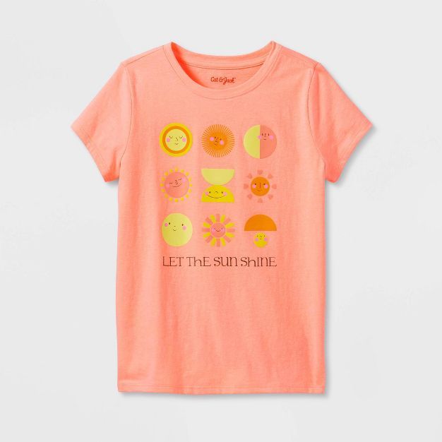 Girls' 'Let the Sunshine' Short Sleeve Graphic T-Shirt - Cat & Jack™ Neon Peach | Target