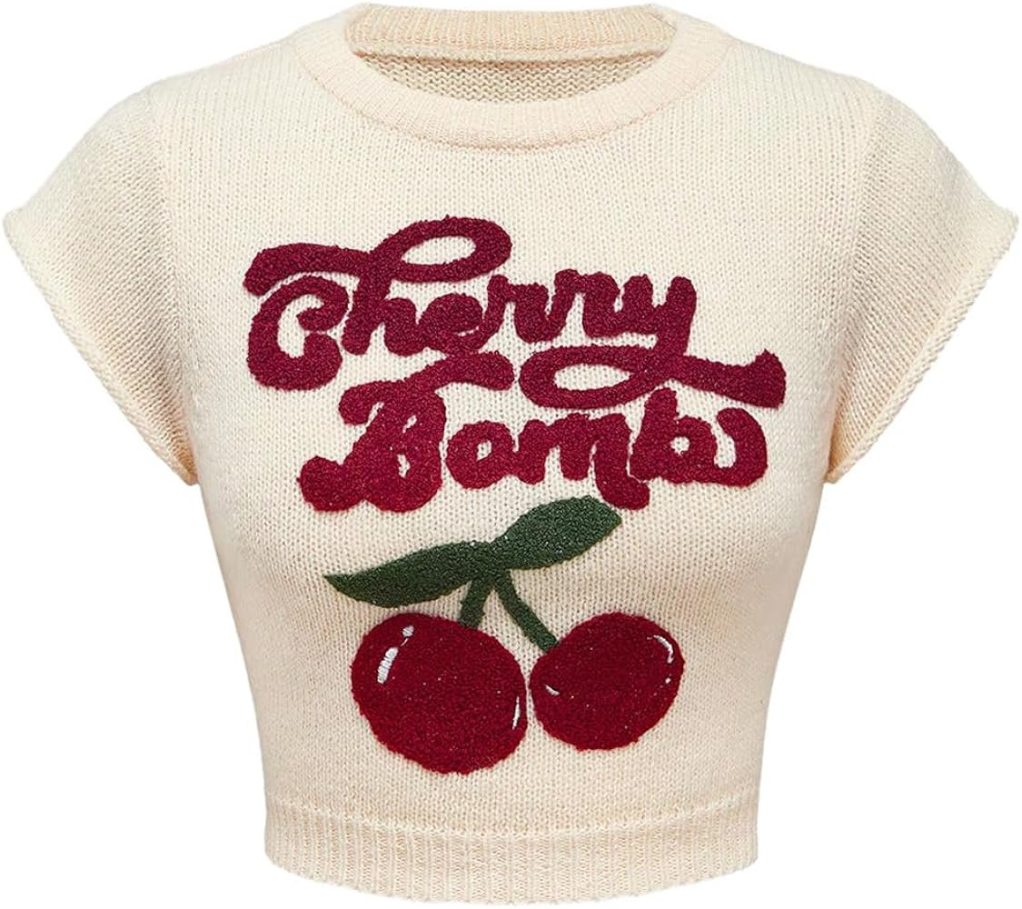 Verdusa Women's Cherry Print Cap Sleeve Sweater Vest Y2k Round Neck Fitted Knit Crop Top | Amazon (US)