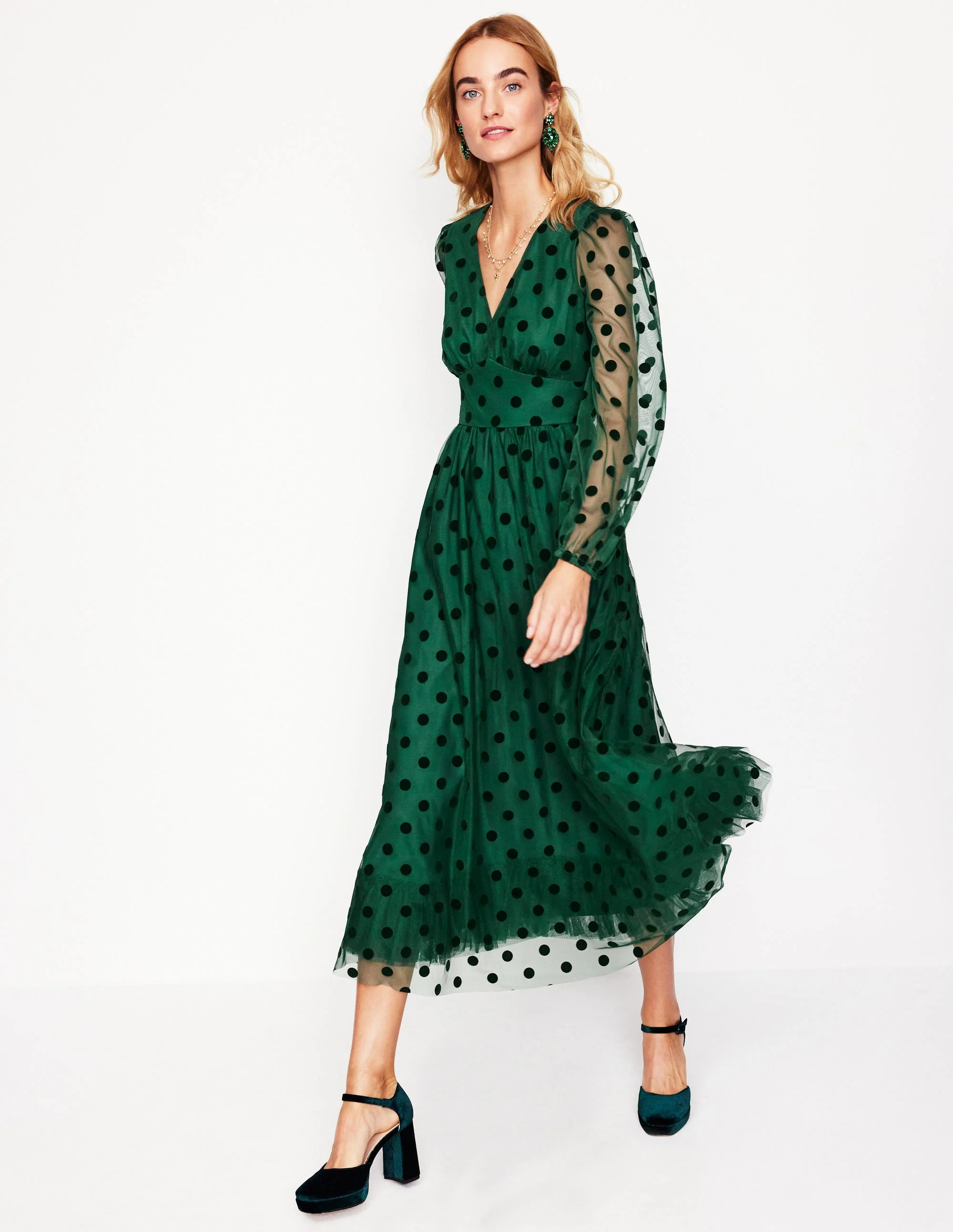 Christina Tulle Midi Dress-Green, Spots | Boden (US)