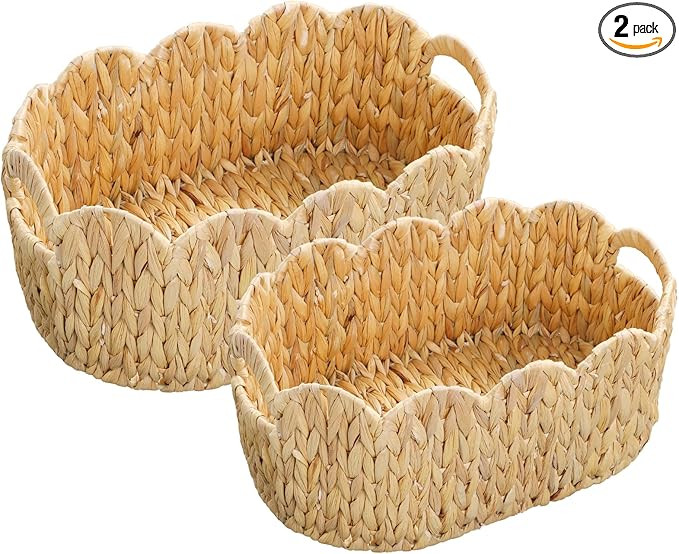 Scalloped Basket,Water Hyacinth Basket for Organizing and Decor,Hand-Woven Rattan Baskets with Bu... | Amazon (US)