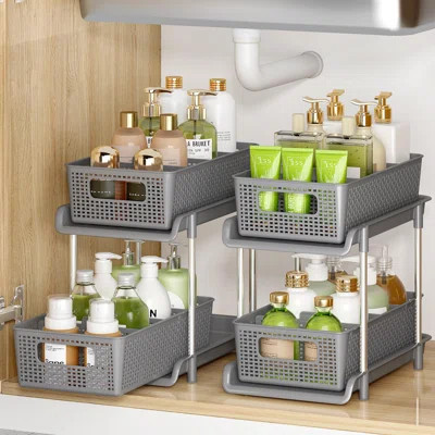 Bathroom Organizer With Dividers, 2 Tier Stackable Under Sink Organizers And Storage Cabinet Organizers For Bathroom Kitchen Pantry Organization And S | Wayfair North America