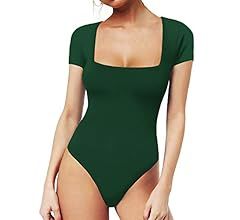 Amazon.com: MANGOPOP Women's Square Neck Short Sleeve Long Sleeve Tops Bodysuit Jumpsuit (B Long ... | Amazon (US)