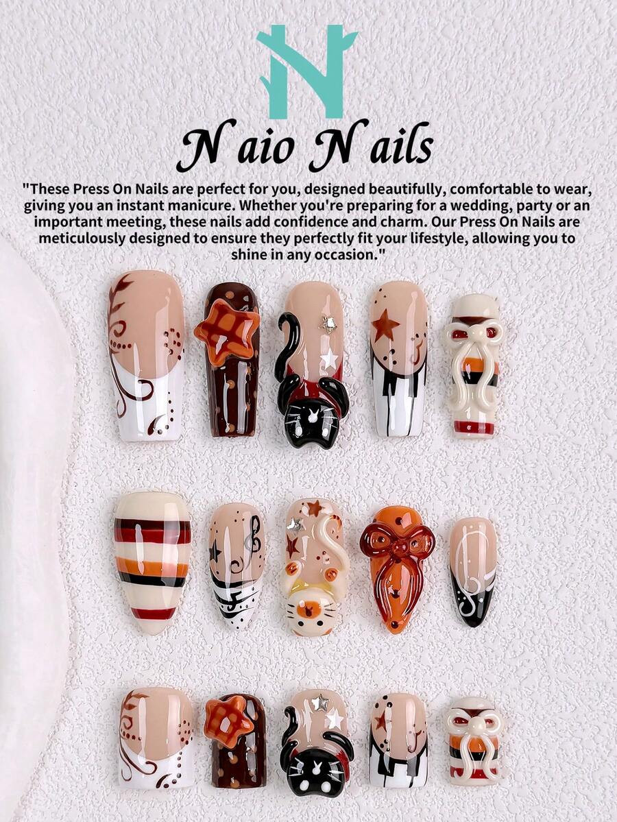 NAIO 10pcs/Set Y2K Handmade Press-On Nails, Nude Brown Striped French Tip, Hand-Painted Music Not... | SHEIN