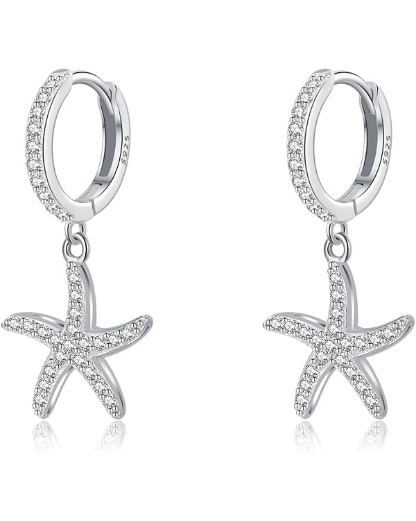 SLUYNZ 925 Sterling Silver CZ Starfish Hoop Earrings for Women Teens Starfish Huggie Earrings Dro... | Amazon (CA)