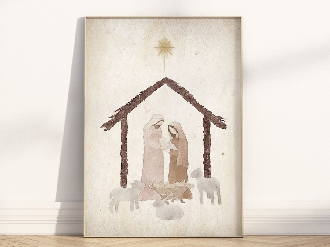 Christmas Nativity Scene Wall Art Printable, Rustic Christian Watercolor Poster Print, Manger Sce... | Etsy (US)
