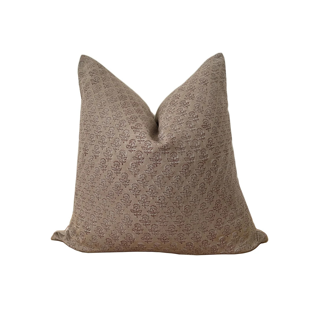 Brown Floral Linen Block Print Pillow Cover - Etsy | Etsy (US)