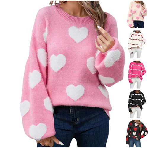 Heart Sweater for Women,Valentines Sweater Women Love Print Romantic Heart Sweaters Cute Knit Pullover Valentine's Day Outfit(01-Pink,Large) | Amazon (US)