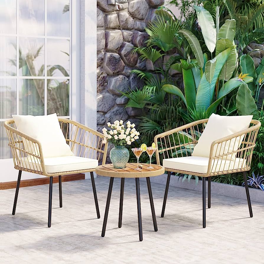 YITAHOME 3-Piece Rattan Patio Bistro Furniture Set for Outdoor Wicker Chair with Cushion and Glas... | Amazon (US)