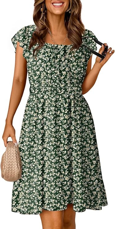 Dokotoo Womens Summer Dresses 2025 Boho Floral Ruffle Sleeve Smocked Elastic Waist Drawstring Tie... | Amazon (US)