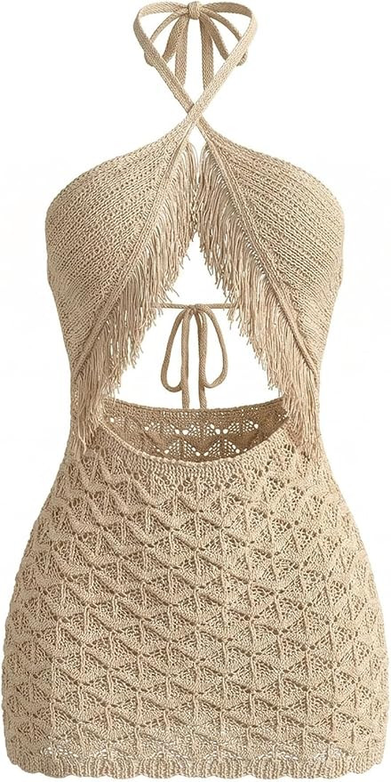 GORGLITTER Women's Crochet Halter Dress Cutout Open Back Fringe Backless Summer Beach Vacation Mi... | Amazon (US)