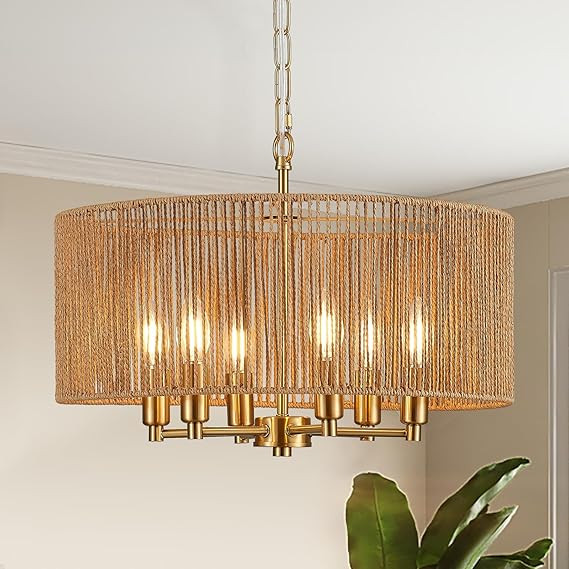 Boho Chandelier Coastal Hand-Woven Rattan Chandeliers Round 20in Light Fixtures Gold 6-Light Drum... | Amazon (US)