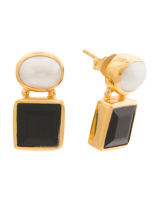 Made In India Sterling Silver Pearl Onyx Earrings | TJ Maxx