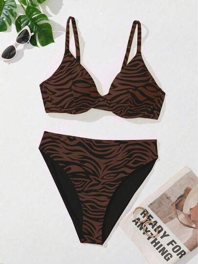 SHEIN Swim Curve Plus Size Women's Sexy Zebra Print Bikini Swimsuit Set, Summer Beach | SHEIN