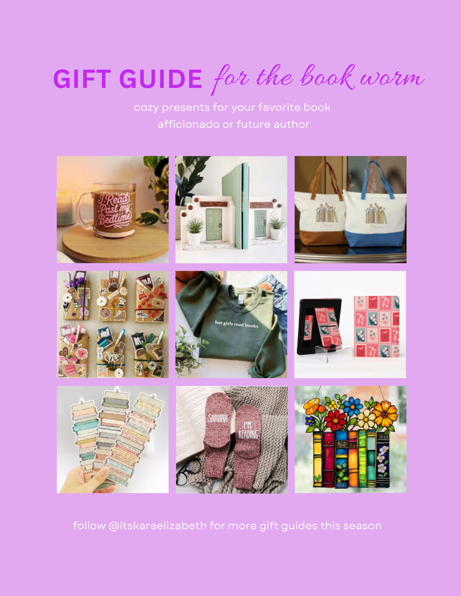 ✨📚 Book Lover’s Gift Guide 📚✨

For the readers who always have one more chapter left… these gifts are guaranteed to make their reading time even cozier 👇

☕ Cute Mug – The perfect companion for slow mornings, late-night reading, and every cozy moment in between.
📚 Stylish Bookends – Chic, functional, and perfect for keeping their growing TBR shelf in line.
👜 Book-Themed Tote Bag – The ideal carry-all for library hauls, weekend reads, and everyday errands.
🎁 Blind Date With a Book – A fun, mystery pick wrapped in clues—perfect for adventurous readers.
🧵 Cozy Crewneck – Soft, comfy, and ideal for long reading sessions on chilly days.
📖 Kindle Case – A cute, protective cover that keeps their device safe while making their reading setup extra aesthetic.
🔖 Trackable Bookmark – A cute bookmark that also helps them keep track of what they’ve read this year.
🧦 “Shh, I’m Reading” Socks – For the reader who wants peace, quiet, and comfort.
🌼 Book + Flower Suncatcher – Adds a magical, whimsical touch to their reading nook.

I’ve linked all these finds and more over on my LTK page! Happy gifting, bookworms 💛✨
#LTKHoliday #GiftGuide #BookLoverGifts 

 #LTKGiftGuide #LTKHoliday #LTKselfcare