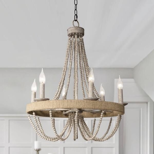 Aged Wood Beaded 6-Light Candle Chandelier | Bed Bath & Beyond