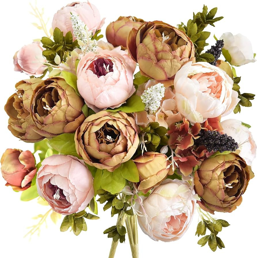 FiveSeasonStuff Artificial Peony Bouquets, 2 Silk Flower Bundles in Mixed Pale Pink & Tawny Brown... | Amazon (US)