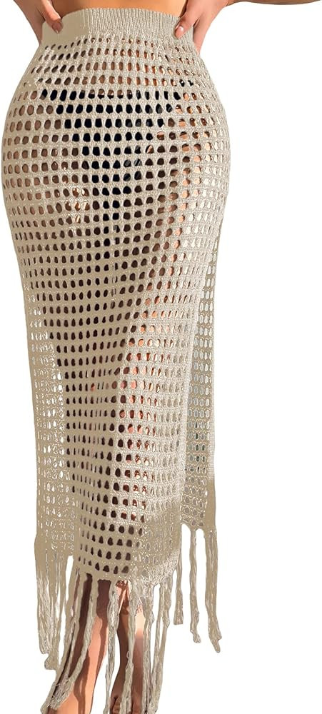 GORGLITTER Women's Crochet Beach Cover Up Skirt Fringe Hem Splited Knit Maxi Skirt Swimwear | Amazon (US)