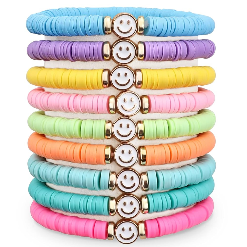 Preppy Bracelets for Teen Girl, Party Favors for Kids 8-12, Beaded Clay Stretch Smile Face Friend... | Amazon (US)