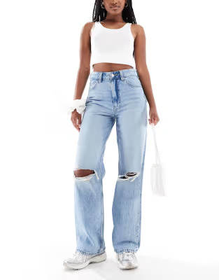 ASOS DESIGN wide leg dad jeans in lightwash with knee rips | ASOS (Global)