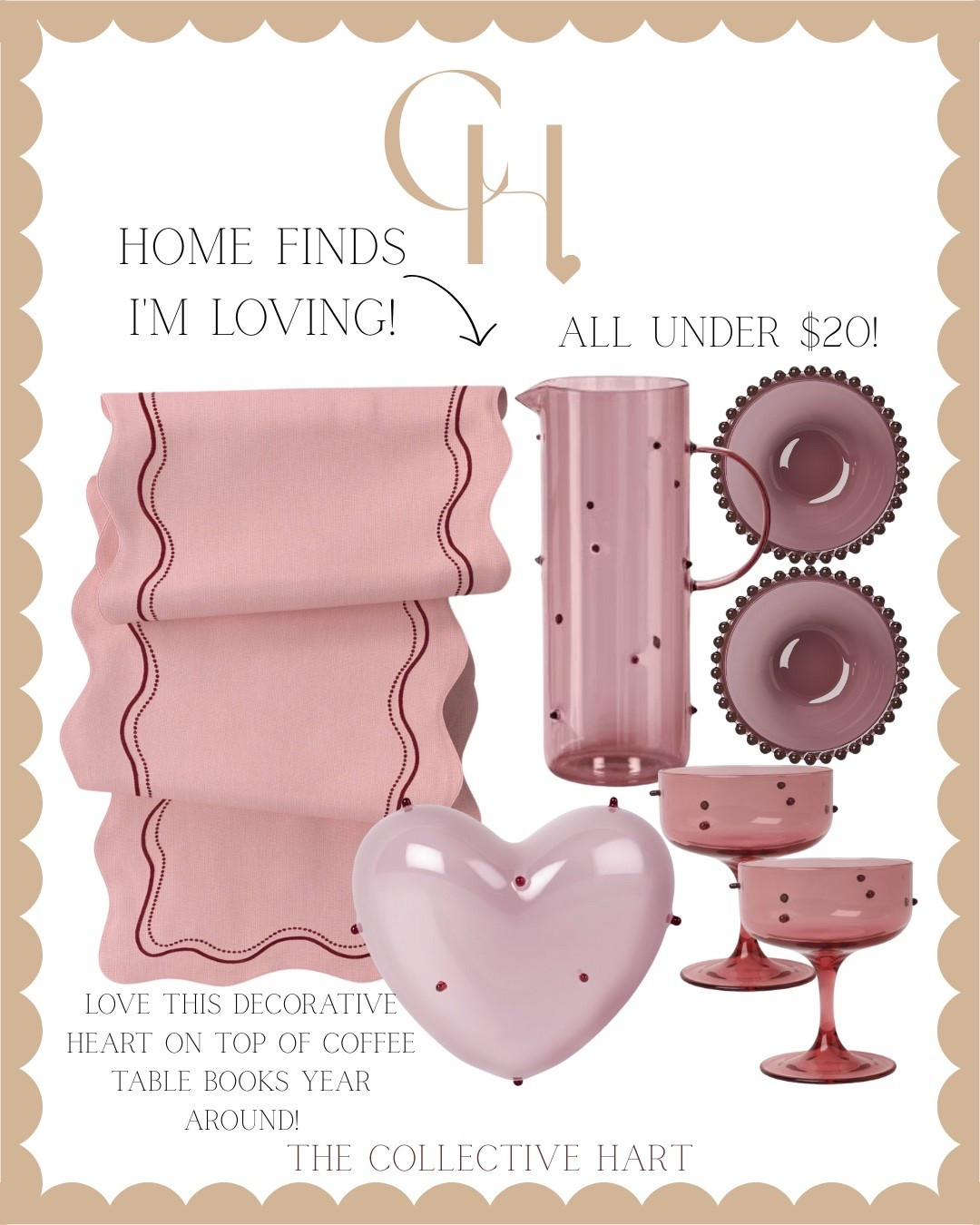 Such a cute collection that's great year around! Valentine's Day, Easter, summer, girl's night, mahjong, etc. Love the large $15 puffy heart on top of coffee table books for styling!!