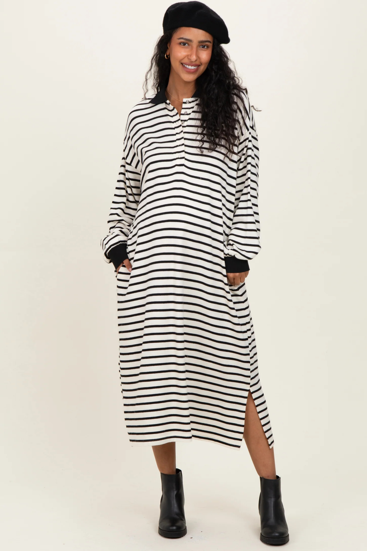 Black Stripe Snap Button Long Sleeve Maternity Midi Dress | PinkBlush Maternity