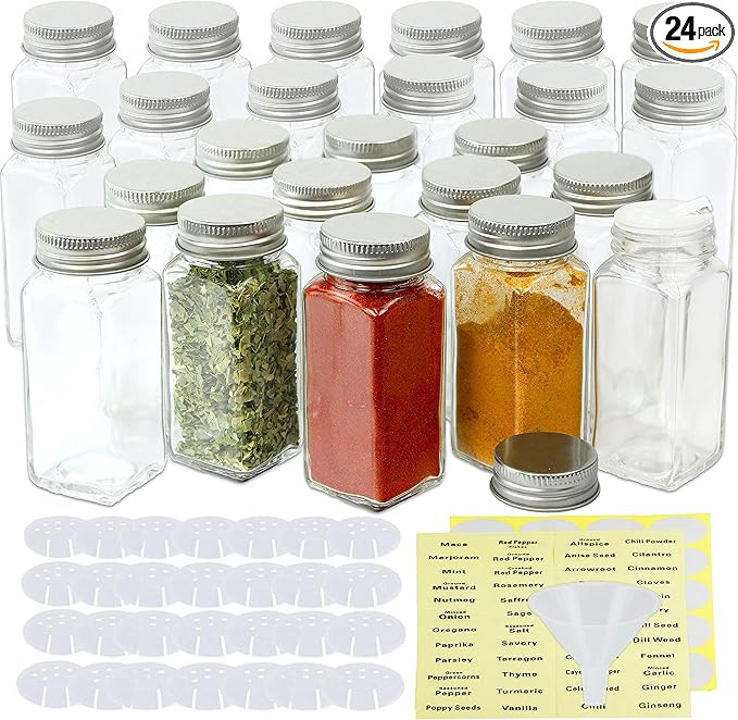 Simple Houseware 24-Pack 4 oz Glass Spice Jars, Square Bottles with Shaker Lids, Funnel and Label... | Amazon (US)