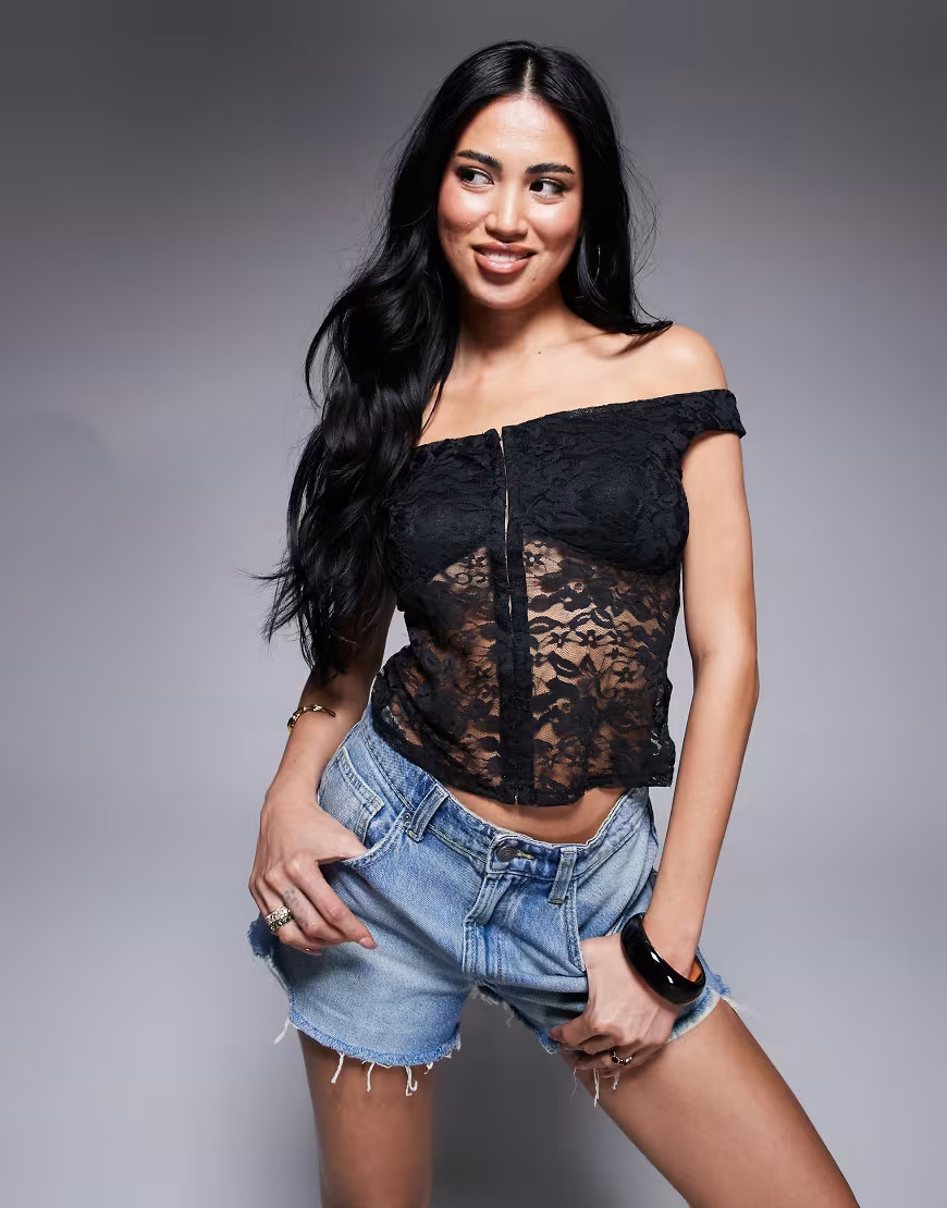 ASOS DESIGN off the shoulder lace top with hook and eye detail in black | ASOS (Global)