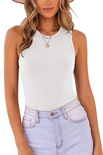 MISSJOY Women's Sleeveless Ribbed Bodysuit High Neck Tank Tops Slim Fit One Piece Top Casual Summer Outfit, White | Amazon (US)