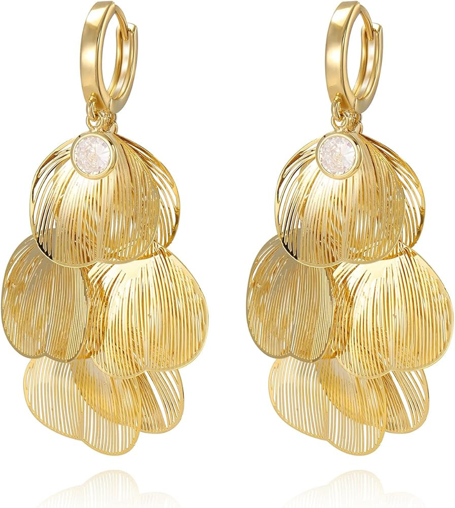 Boho Flower Layered Floral Leaf Drop Dangle Earring For Women,Metal CZ Gold Lightweight Flower Bo... | Amazon (US)