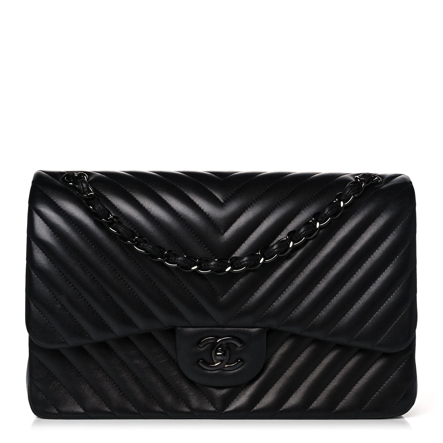 CHANEL Lambskin Chevron Quilted Jumbo Double Flap So Black | FASHIONPHILE | Fashionphile
