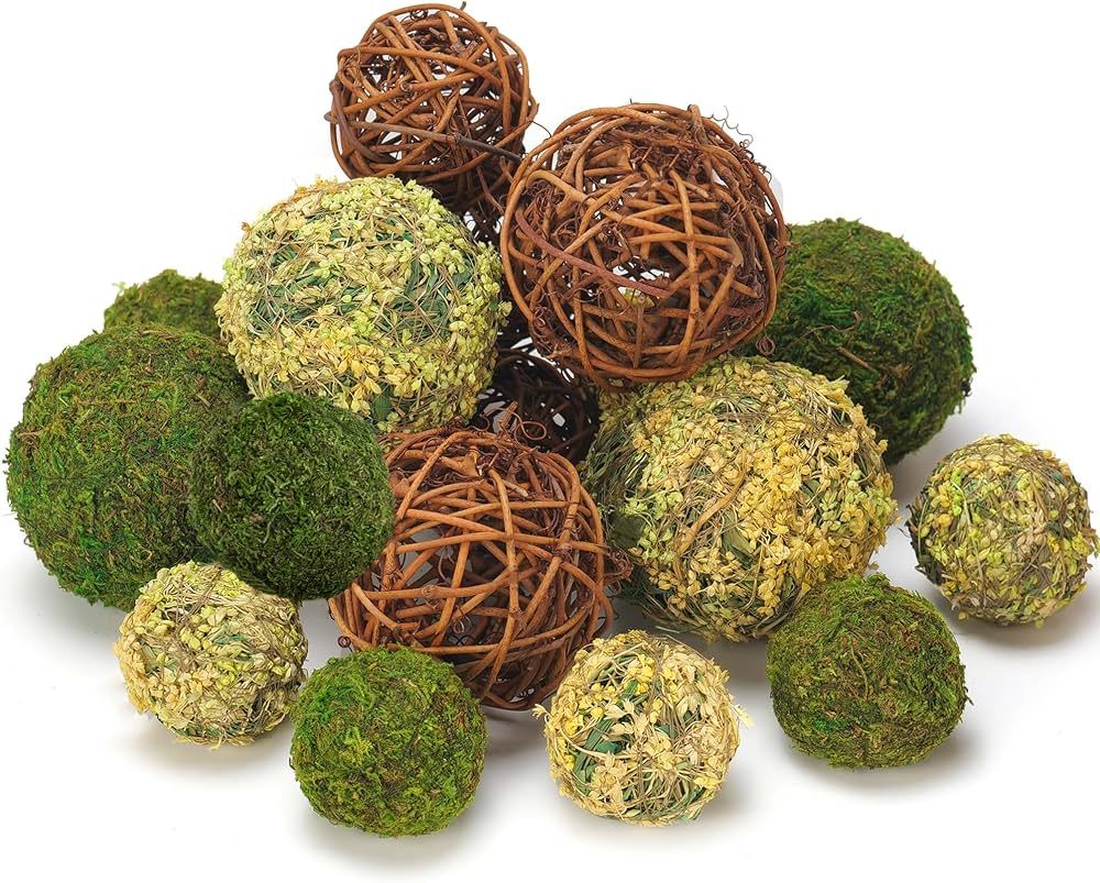 BYHER Decorative Balls for Centerpiece Bowls, 18pcs Fake Moss Balls + Wicker Rattan Balls Set Vas... | Amazon (US)