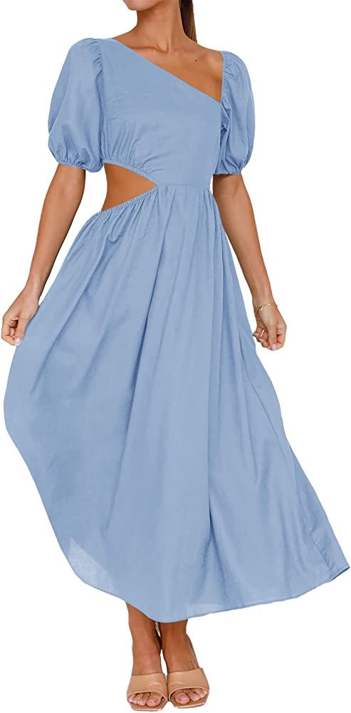 BTFBM Women Casual Short Sleeve Spring Summer Dresses Asymmetrical Neck High Waist Cutout Swing B... | Amazon (US)