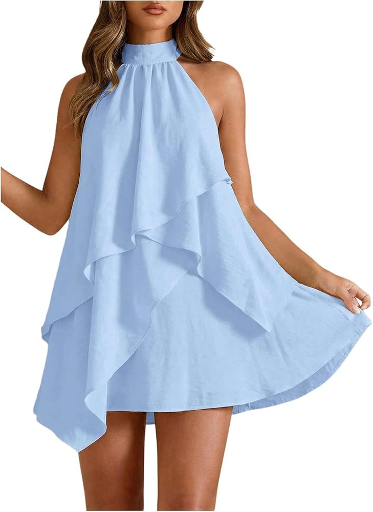 BEAUDRM Women's Ruffle Wedding Guest Dresses Summer Halter Cocktail Dresses | Amazon (US)