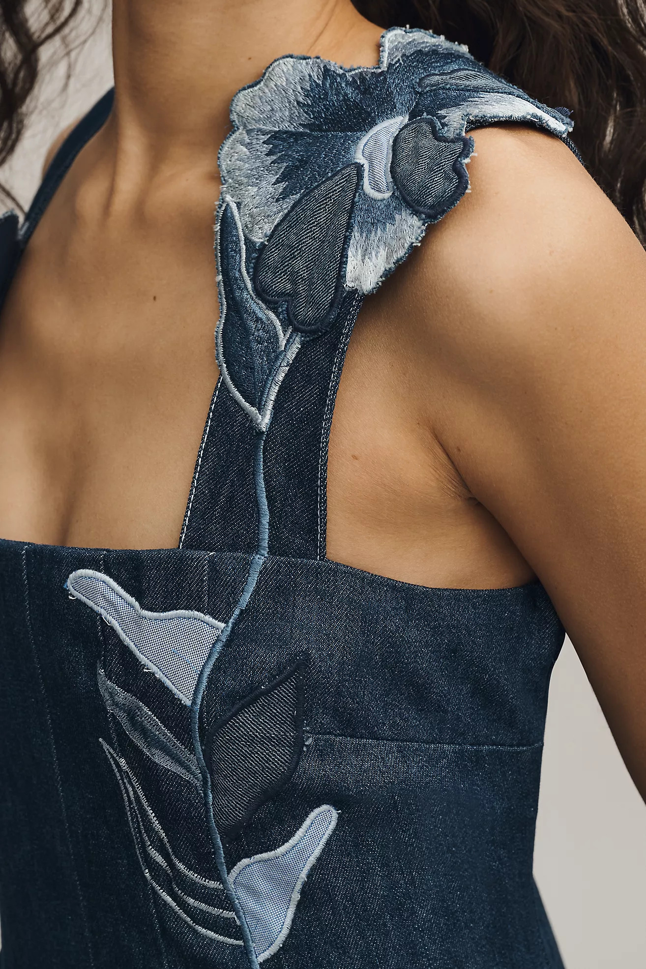 Maeve Denim Embroidered Fit & Flare Midi Dress | Anthropologie (US)