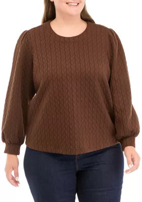 Crown & Ivy Women's Plus Size Puff Sleeve Quilted Sweatshirt, Brown, 1X | Belk