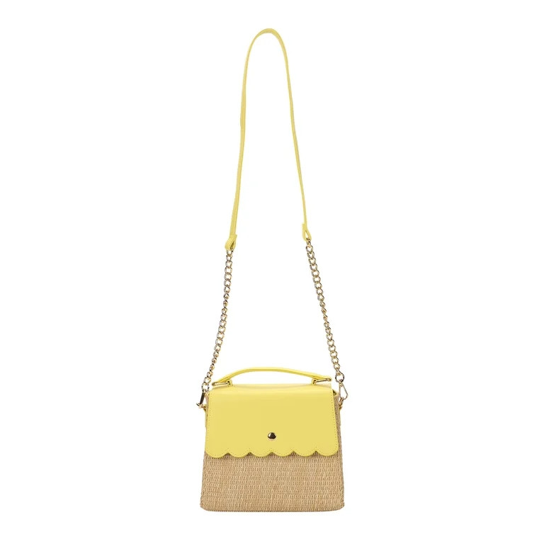 Packed Party Women's Woven Straw Crossbody Bag with Faux Leather Scallop and Chain Strap, Yellow | Walmart (US)