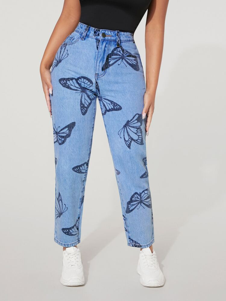 SHEIN PETITE Butterfly Print High Waist Mom Fit Jeans | SHEIN