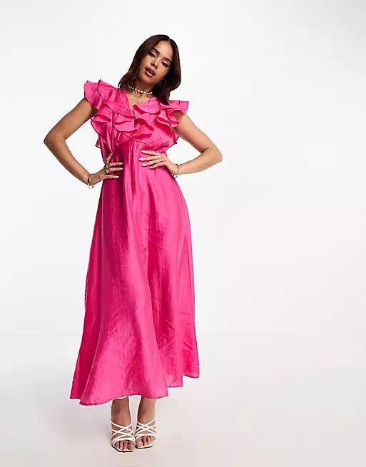 Nobody's Child ruffle midi dress in pink | ASOS (Global)