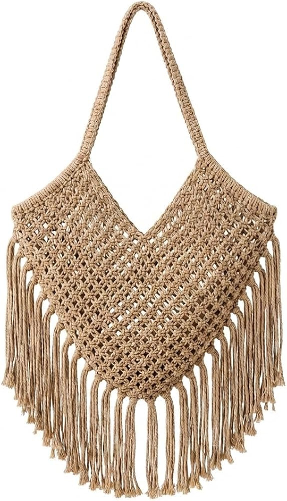 Handmade Macrame Woven Shoulder Bag for Women, Boho Summer Beach Fringe Tote Bag, Large Capacity ... | Amazon (US)