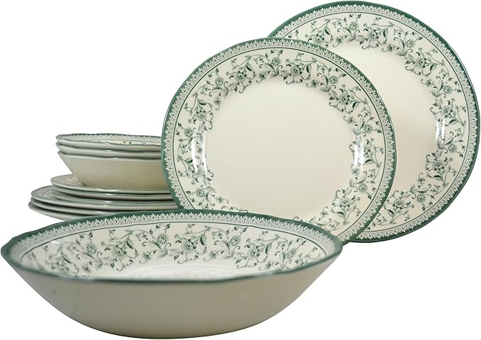 Tudor Royal 12-Piece Round Porcelain Dinnerware Set, Service for 4 - Aster Green Design, Multicol... | Amazon (US)