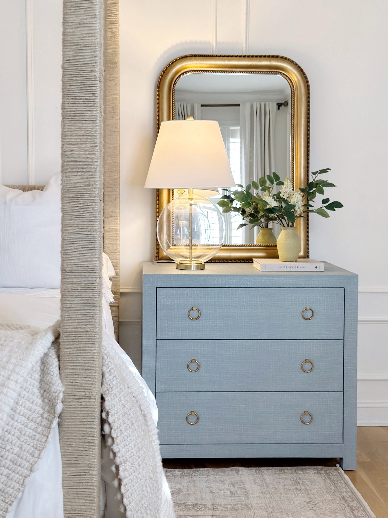 Show our nightstand here, blue drift way and gold mirror 

#LTKHome #LTKSummerSales