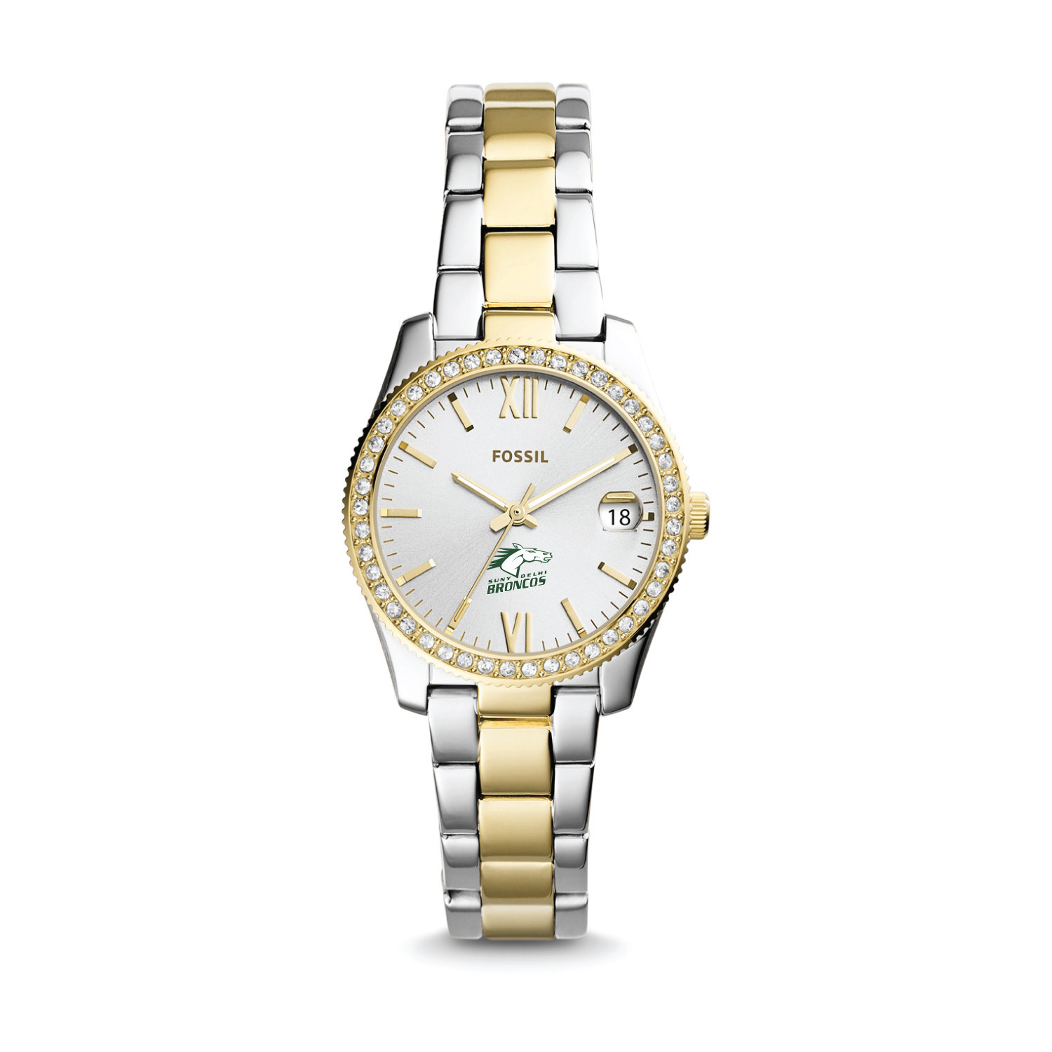 Women's Fossil Silver SUNY Delhi Broncos Scarlette Mini Two-Tone Stainless Steel Watch | Fanatics