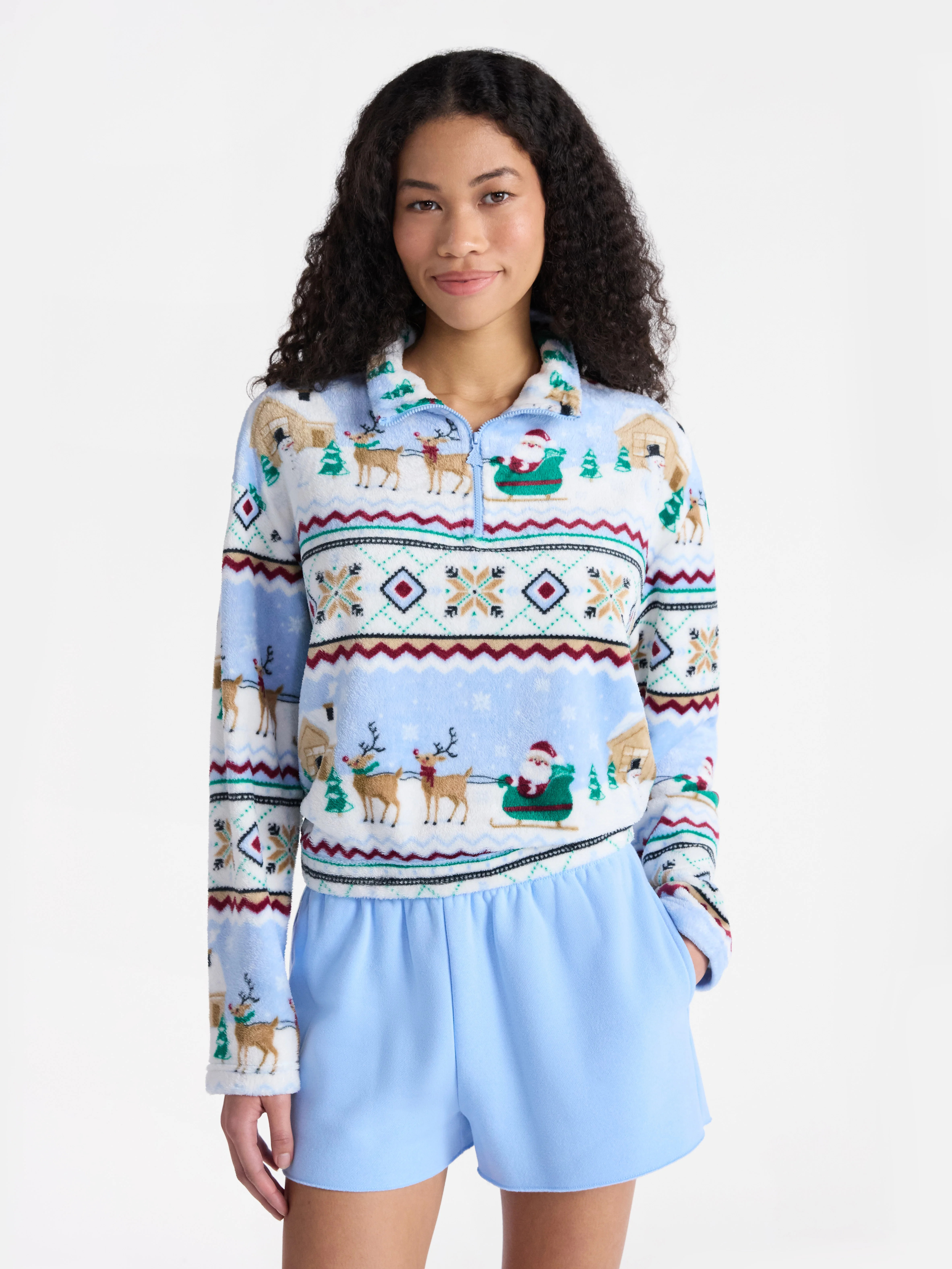 No Boundaries 1/4 Zip Mock Neck Plush Top with Long Sleeves, Women's - Walmart.com | Walmart (US)