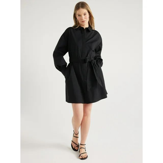 Scoop Women's Balloon Sleeve Poplin Shirtdress with Pockets, Sizes XS-XXL | Walmart (US)